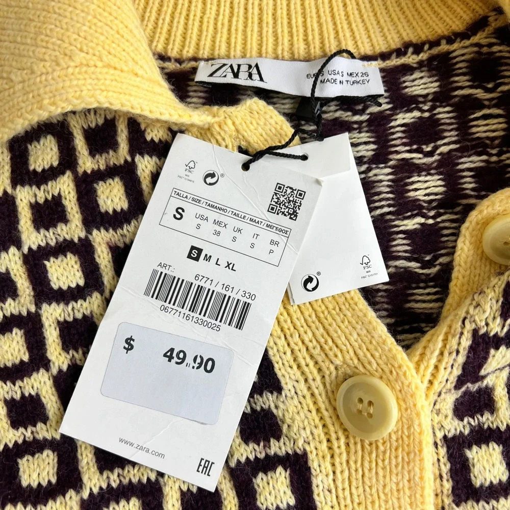 Zara‎ Cardigan Sweater Geometric Collared Size Small Yellow NEW Retro Wool Blend